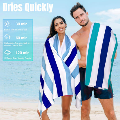Ouxiaobai Large Oversized Beach Towel - Microfiber Sand Free 35 x 70 Inch Quick Dry Lightweight Pool Towel for Adults, Thin Striped Swim Towel (Navy)