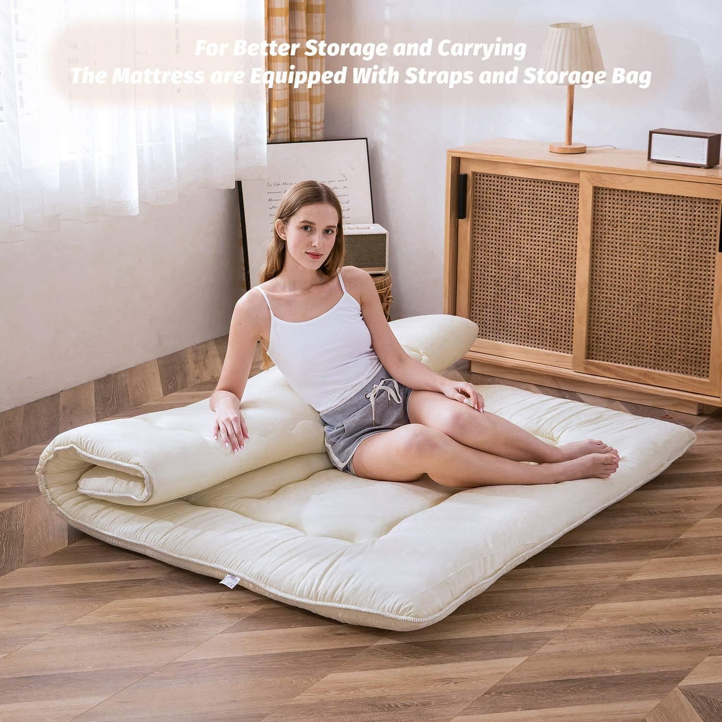 MAXYOYO Japanese Floor Futon Mattress, Thicken Tatami Sleeping Pad Foldable Roll Up Dormitory Mat Pad Floor Lounger Pillow Bed (Off-White, King)