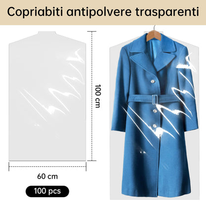 100PCS Disposable Clear Garment Cover Bags, 60 x 100 cm Plastic Dustproof Clothes Covers, Waterproof and Hanging