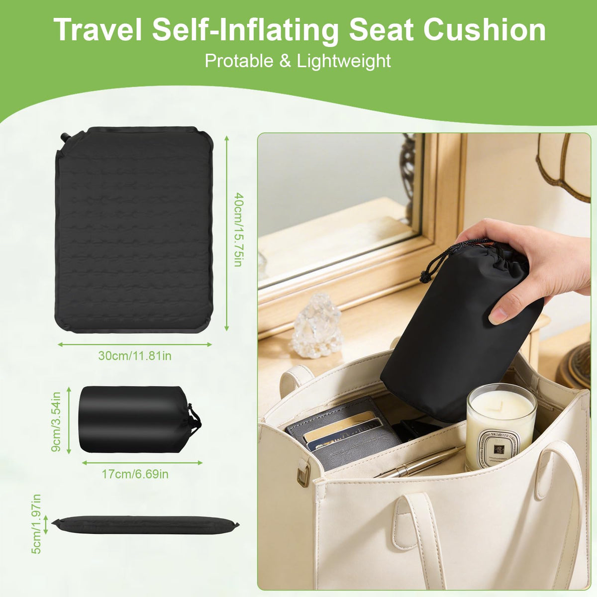 Self Inflating Travel Seat Cushion, 40×30cm Inflatable Memory Foam Seat Pad