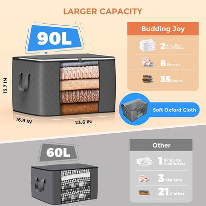 Budding Joy 90L Storage Bags, Large Clothes Storage Boxes with Zips Grey