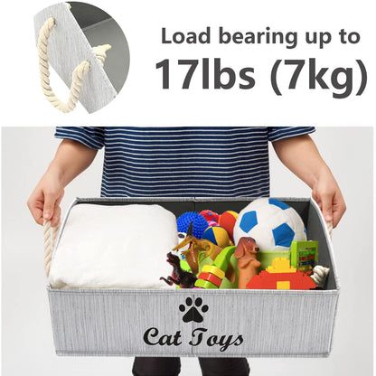 Geyecete Large CAT Toys Storage Bins - Foldable Fabric Trapezoid Organizer Boxes with Cotton Handle, Collapsible Basket for Shelves(Gray-CAT)