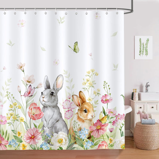 Bonhause Spring Easter Bunny Shower Curtain Cute Rabbits Floral Plant Bathroom Curtain 180 x 180 cm Waterproof Mildew & Mould Resistant Polyester
