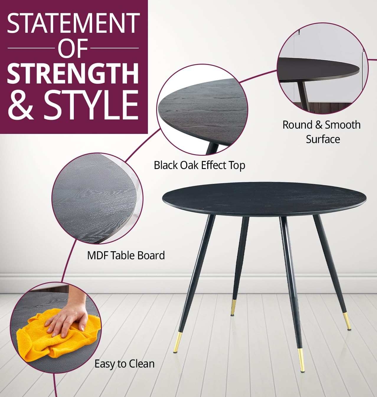 Hallowood Furniture Finley Black Table and Chairs Set 2, Wood Effect Top