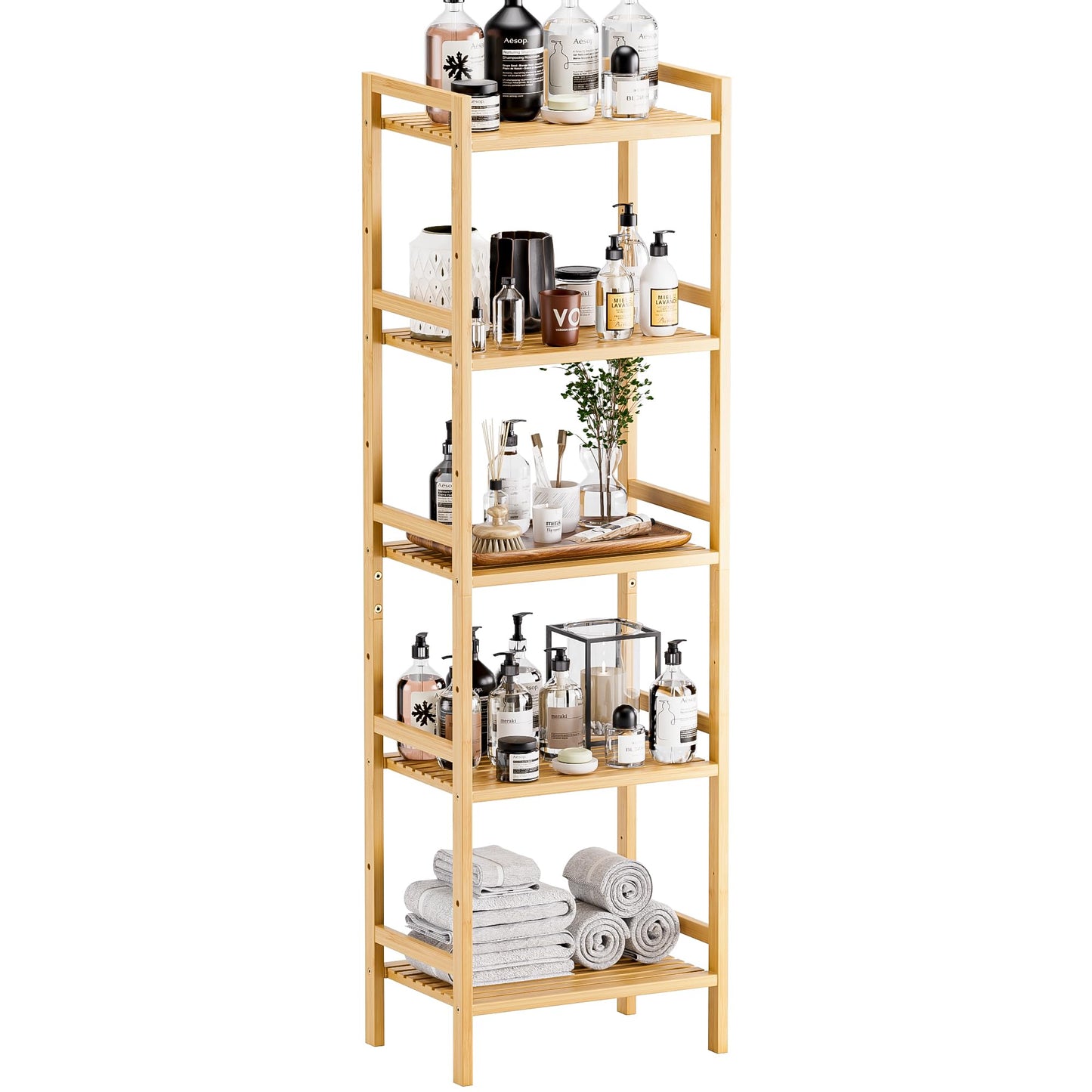 HITNET 5-Tier Bamboo Bookshelf, Tall Narrow Adjustable Bookcase, Freestanding Storage Shelf Unit for Living Room, Bathroom, Kitchen, Natural