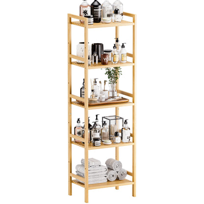 HITNET 5-Tier Bamboo Bookshelf, Tall Narrow Adjustable Bookcase, Freestanding Storage Shelf Unit for Living Room, Bathroom, Kitchen, Natural