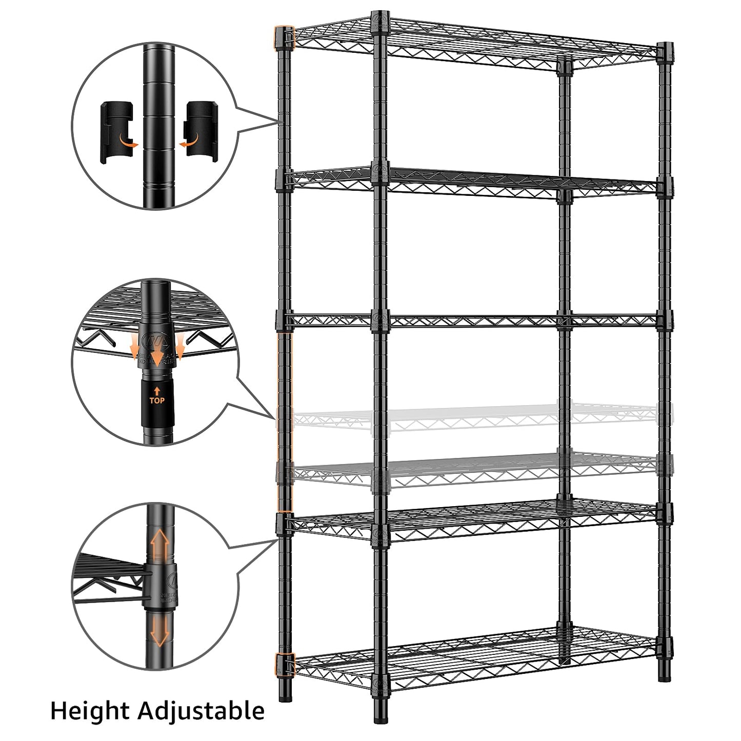 M MZG Height Adjustable Shelves,Heavy Duty Wire Pantry Shelving for Tool Sheds, Garage, and Storehouse,Metal,Black,5 tier, 35 x 60 x 158.7 cm