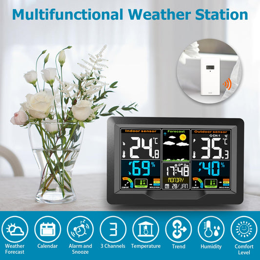 Qxmcov Weather Station Wireless with Outdoor Indoor Sensor, Digital Large LCD Screen Thermometer, Weather Station with Weather Forecast, Temperature,