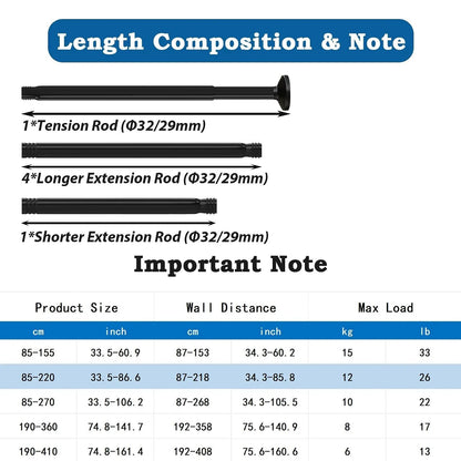 Shower Rail, No Drilling, Extendable Curtain Rod for Clamping, Telescopic Rod, Shower Curtain Rail for Bathroom, Bedroom, Black (85-220CM, Φ32 mm)
