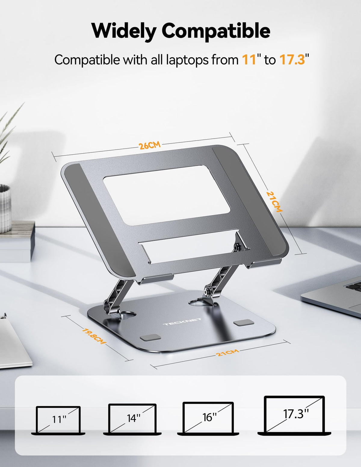 TECKNET Laptop Stand for Desk, Adjustable Ergonomic Laptop Holder (Grey)