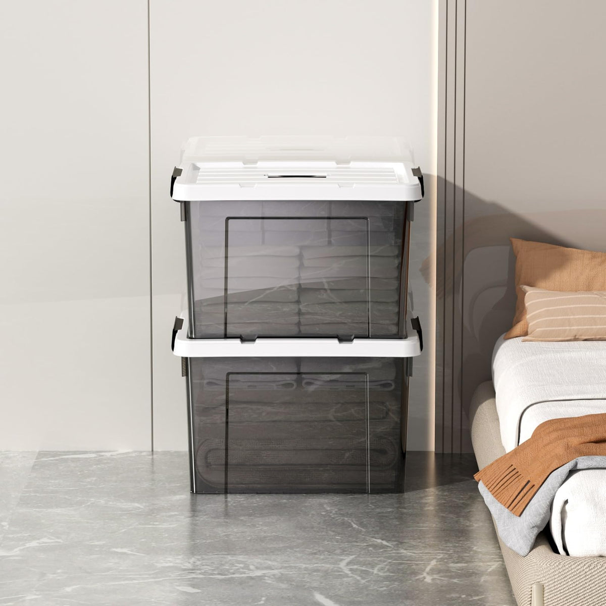 Cetomo 45L*4 Storage Boxes, Carry Plastic Storage Box with Lids, Organizing Container with Handle and Secure Latching Buckles, Stackable, Nestable