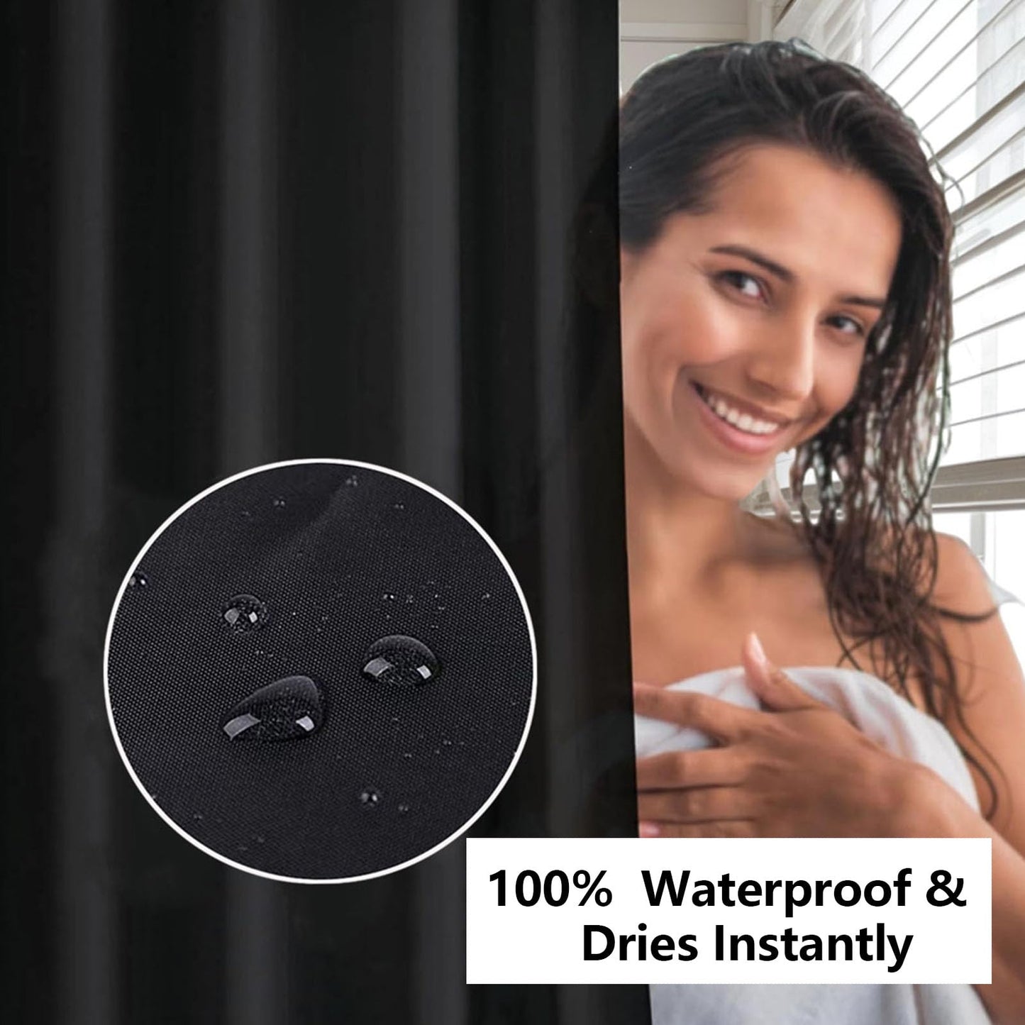 June tech Shower Curtain Mould Proof Mildew Resistant, Waterproof PEVA Black Bathroom Curtain Set With 12 Pcs Hooks