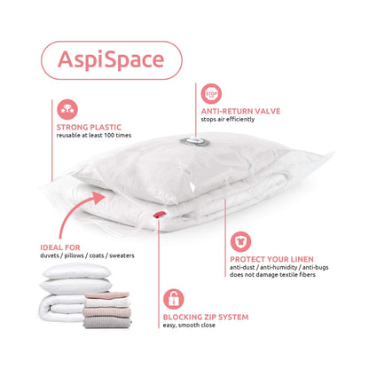 Compactor Aspispace Set of 10 Medium Vacuum Compression Bags – Reduces Volume By 3X, Reusable, Transparent