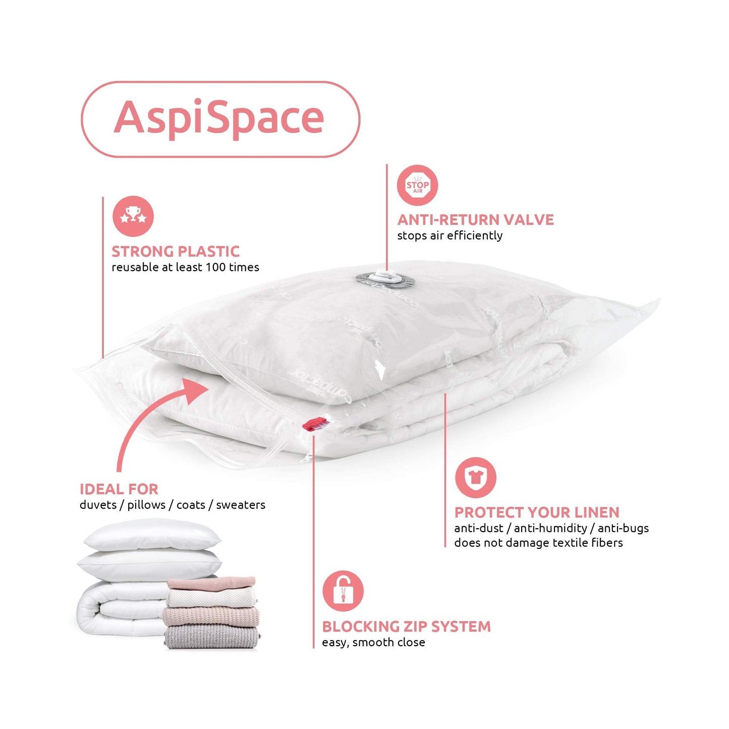 Compactor Aspispace Set of 3 Vacuum Compression Bags | Sizes: 2 M, 1 L | Transparent, Recyclable Material | Sku: RAN4127
