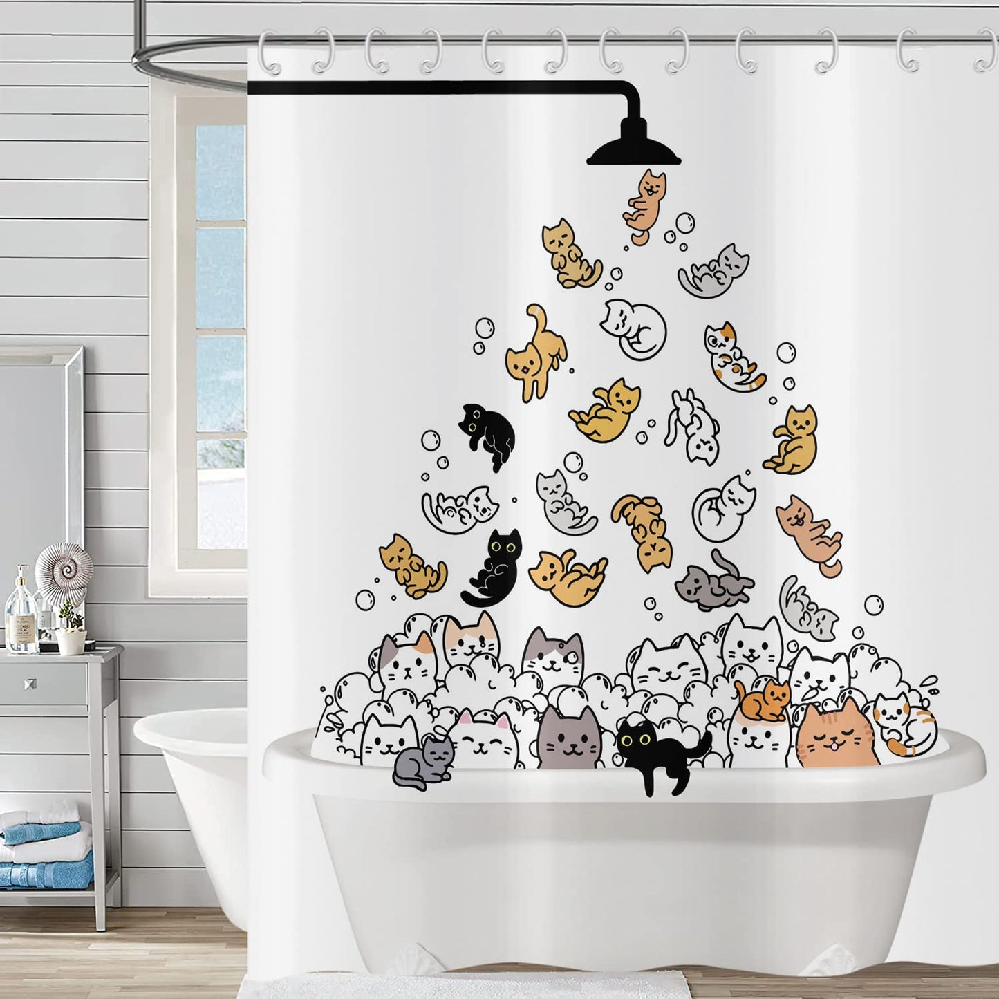 Hnmdmyi Funny Cat Shower Curtain 165x180, Kids Cartoon Animal Kitten Colorful Lovely Hilarious Pets Bathroom Curtains with Hooks Waterproof Polyester