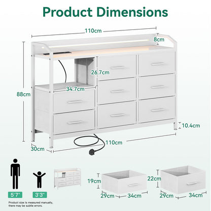 ODK Chest of Drawers Bedroom, 8 Fabric Drawers, 110x30x88cm, White