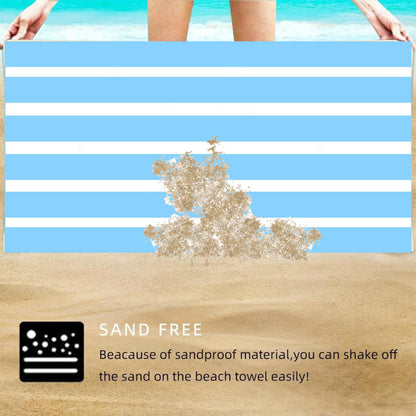 Large Quick Dry Microfibre Beach Bath Towel,Double Sides Light Blue White Striped Sand Free Beach Towel with Bag,Lightweight Gym Yoga Sports