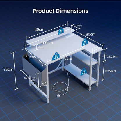 DOMSHOCT L Shaped Gaming Desk with LED Lights & Power Outlets, 100 * 80cm Small Corner Computer Table with Storage Bag & Adjustable Shelves & Large