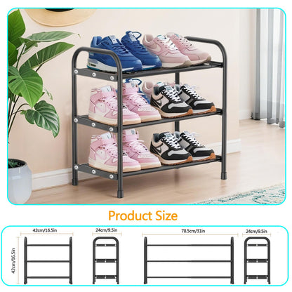 Expandable Shoe Rack, 3 Tier Adjustable Shoe Organizer Shelf for Closet,Slim Narrow Black Metal Free Standing Shoe Rack Storage for Small Space