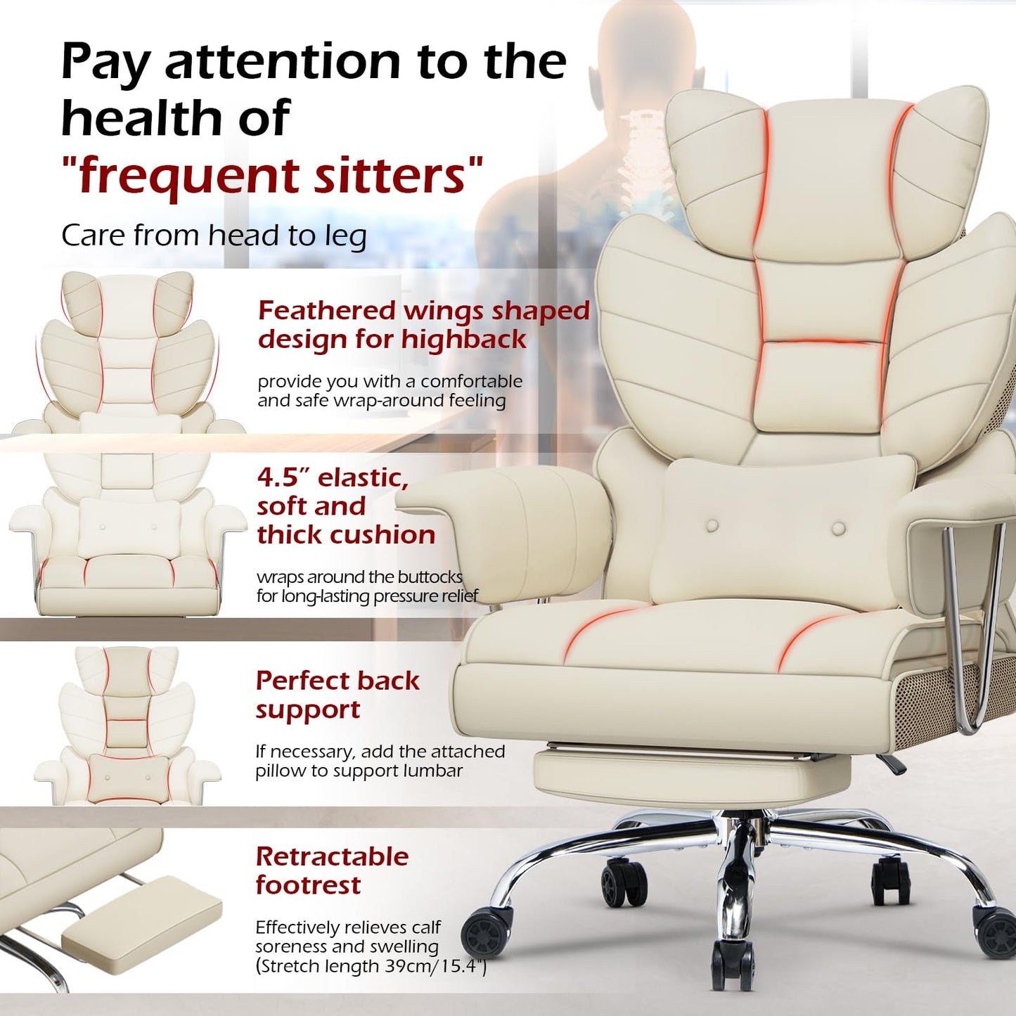 naspaluro High Back PU Leather Ergonomic Computer Recliner, Big Tall Executive Desk Office Chair with Armrests/Footrest