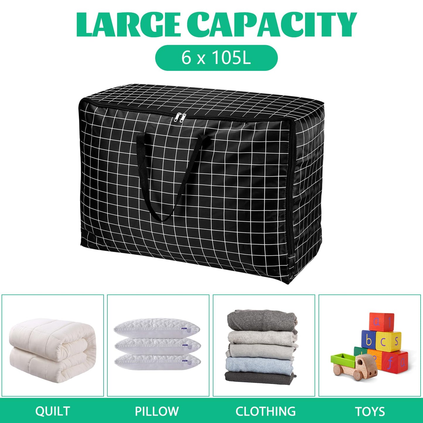 6 Pcs 105L Large Moving Bags Oxford Fabric Storage Bags with Zips, Black