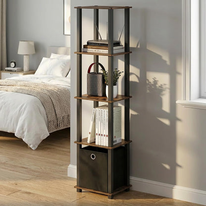 Furinno TURN-N-TUBE Book Shelf, 5-Tier Square Open Frame Display Shelf, Corner Storage Shelves with Storage Bin, Shelving Unit, for Organization