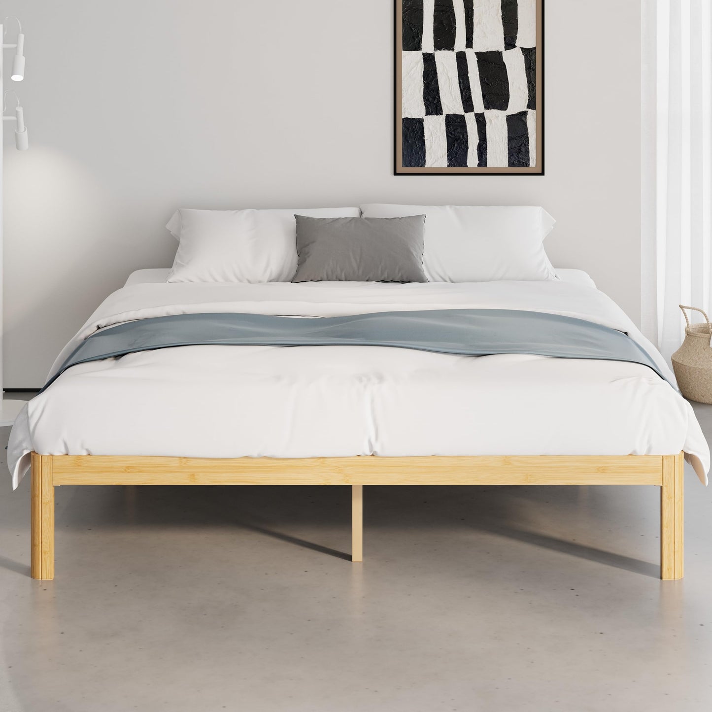 QFtime Bamboo Wood King Size Bed Frame with Metal Slats Support, Platform King Bed Frame, Easy to Install, Noise Free, Sturdy, 35.5 cm High