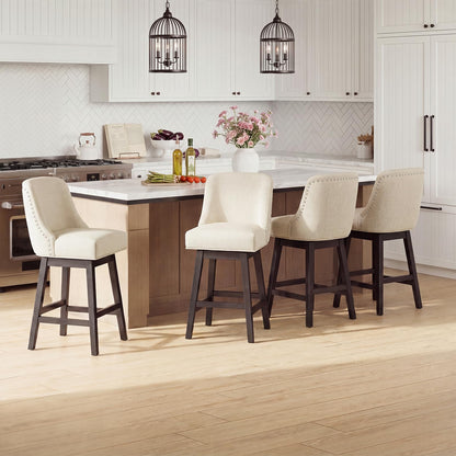 Bar Stools Set of 4, 360° Swivel Upholstered Counter Stools with Back, Wooden Frame Kitchen Bar Chairs with Nailhead Trim