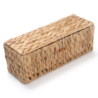 Wicker Bathroom Basket with Lid, Water Hyacinth Toilet Tank Basket with 3 Compartments, Woven Storage Box for Bathroom Organizer (33.5 x 13 x 11.5 cm)
