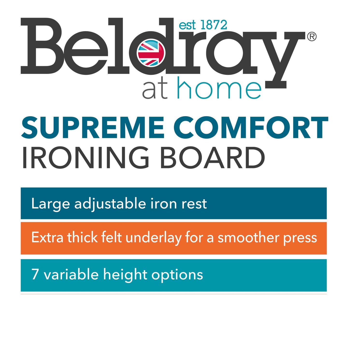 Beldray LA031251PALM1FEU7 Supreme Comfort Ironing Board  Folding Collapsible Table For Compact Storage, Large Adjustable Iron Rest, 7 Heights, Heat