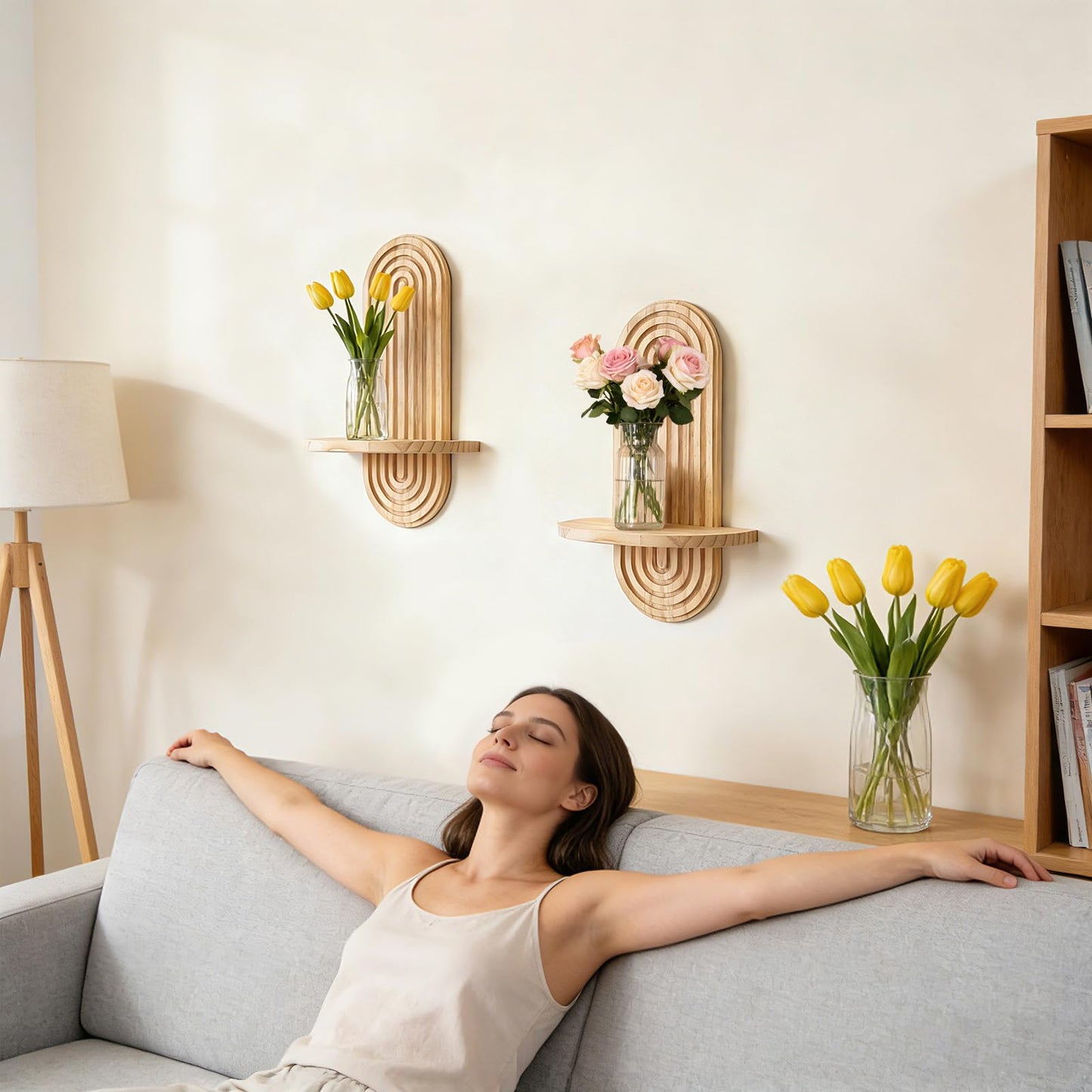 YiYa 2 Pcs Wood Shelves for Wall Decor Modern Boho Wall Shelf Arch Wood Floating Shelf Bohemian Hanging Shelf Display Shelving for Hanging Plants