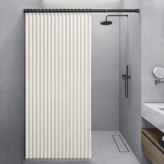 Momooda Waterproof Folding Shower Curtain, Heavy Duty Anti Mould Linen Shower Curtain, Magnetic Sripe Splash-proof, Fast Closing, Beige, 120x200cm
