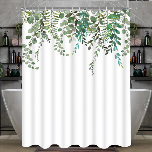 Lerores Shower Curtain 240 x 200 cm - Green Leaf Pattern - Weighted Hem - Anti-Mould Textile - Waterproof - Washable - Polyester - With 16 Eyelets and