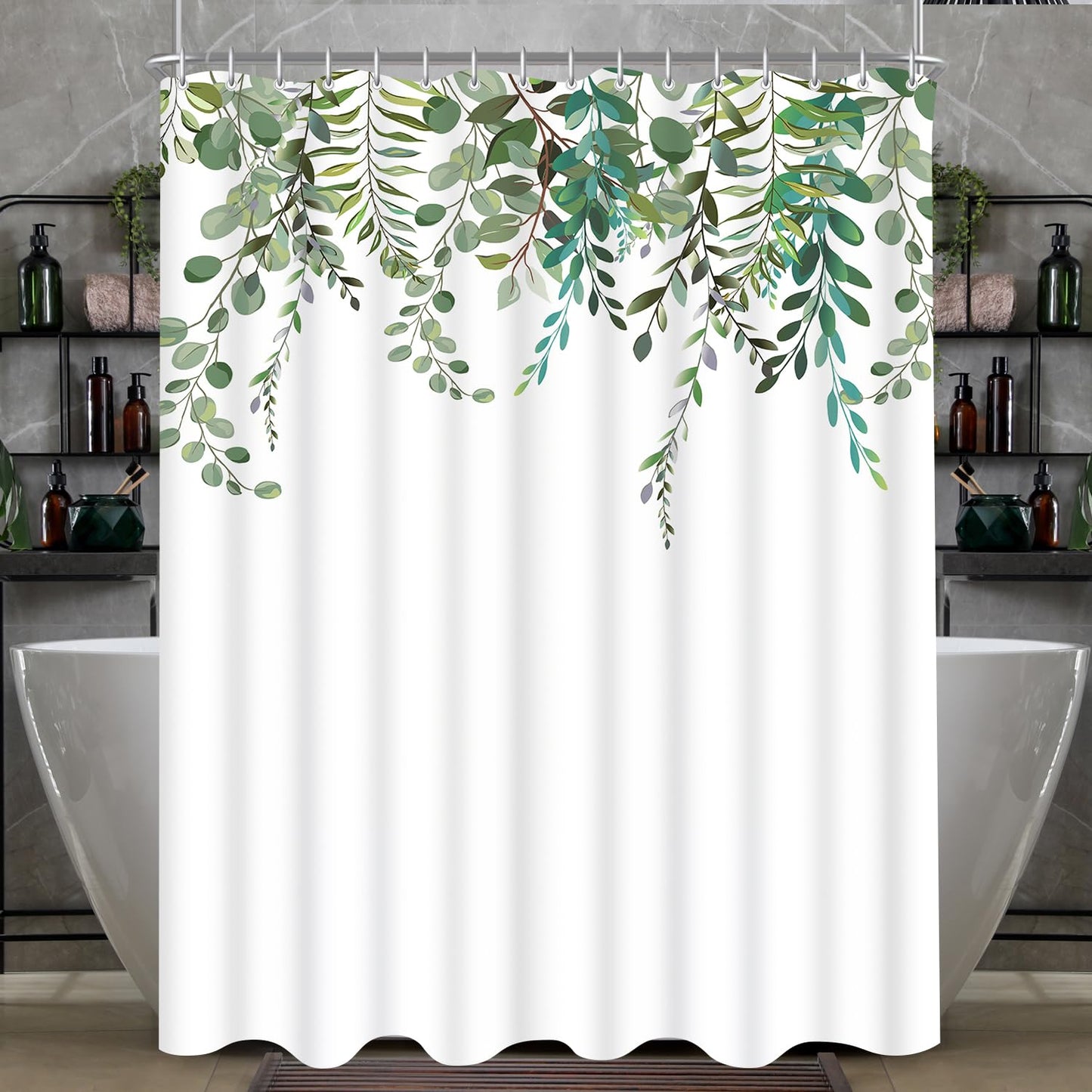 Lerores Shower Curtain, 240 x 180 cm, Green Leaves, Weighted Hem, Anti-Mould Textile, Water-Repellent