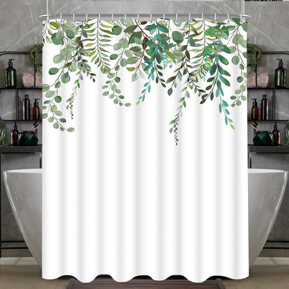 Lerores Shower Curtain, 240 x 180 cm, Green Leaves, Weighted Hem, Anti-Mould Textile, Water-Repellent
