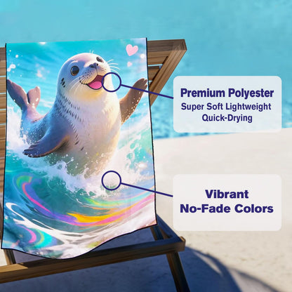 Violetpos Rainbow Wave Seal Beach Towel, Extra Large 180x90 cm 250GSM Microfibre, Sand Free Quick Dry