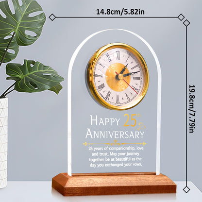 OkiyiD Light Up 25th Anniversary Wedding Gifts Quartz Clock with Wooden Base,25 Years Silver Wedding for Couple,Parents,Soft Warm White Lighting 25th