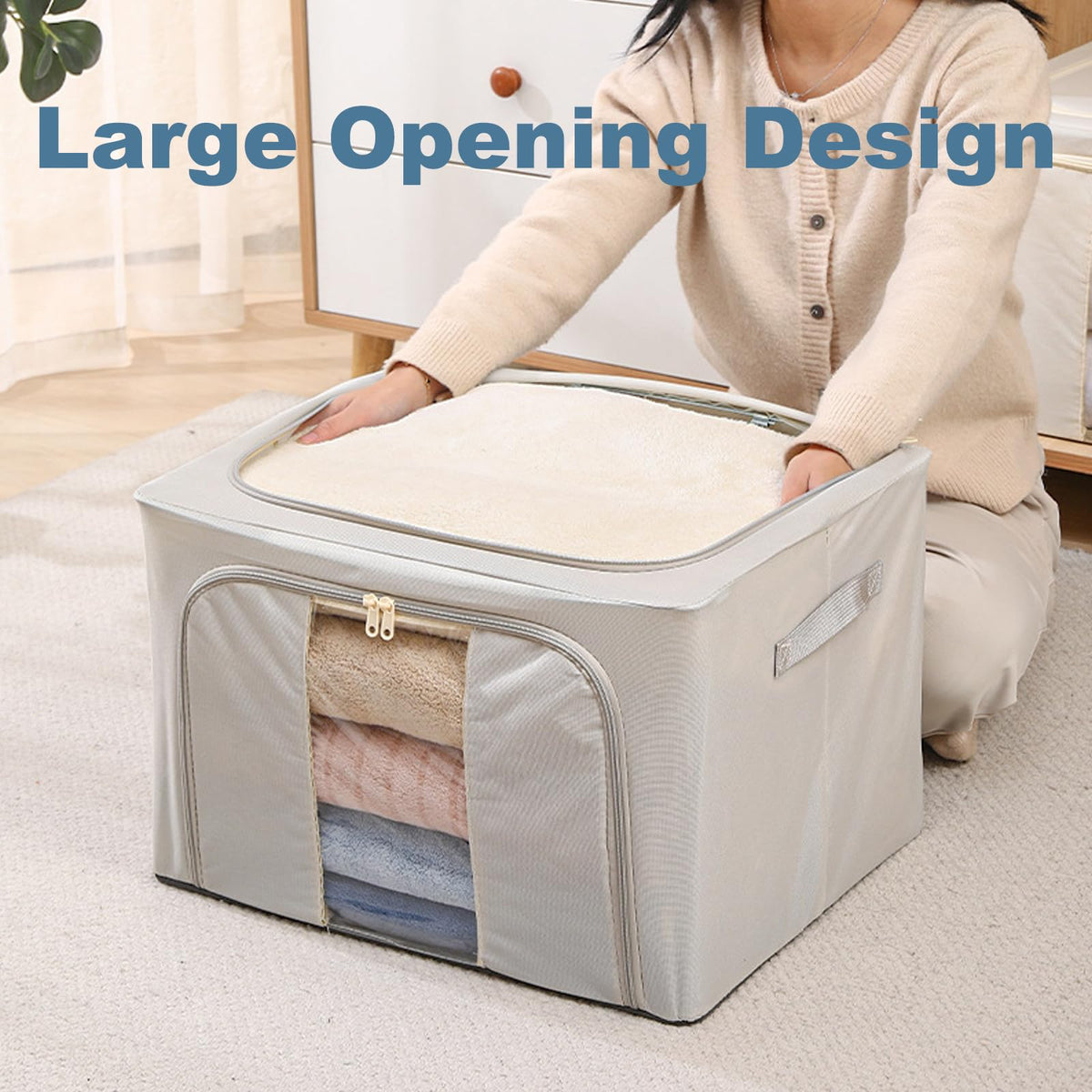 Goesort 3 Pack Clothes Storage Boxes with Steel Frame Support, 66L Moving Bag Wardrobe Storage Organiser Packing Boxes for Moving House with Clear