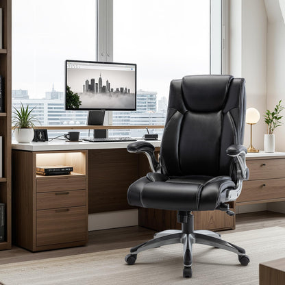 Ergonomic Executive Office Chair with Adjustable Lumbar Support, Flip-up Armrests, Double Padded Seat & Tilt Function