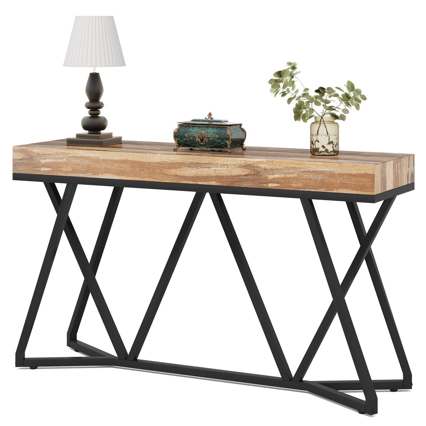 LITTLE TREE Narrow Console Table, 140 cm Entryway Table with Unique Metal Base, Wooden Console & Sofa Tables, Modern Farmhouse Hallway Table