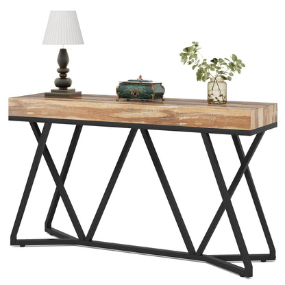 LITTLE TREE Narrow Console Table, 140 cm Entryway Table with Unique Metal Base, Wooden Console & Sofa Tables, Modern Farmhouse Hallway Table