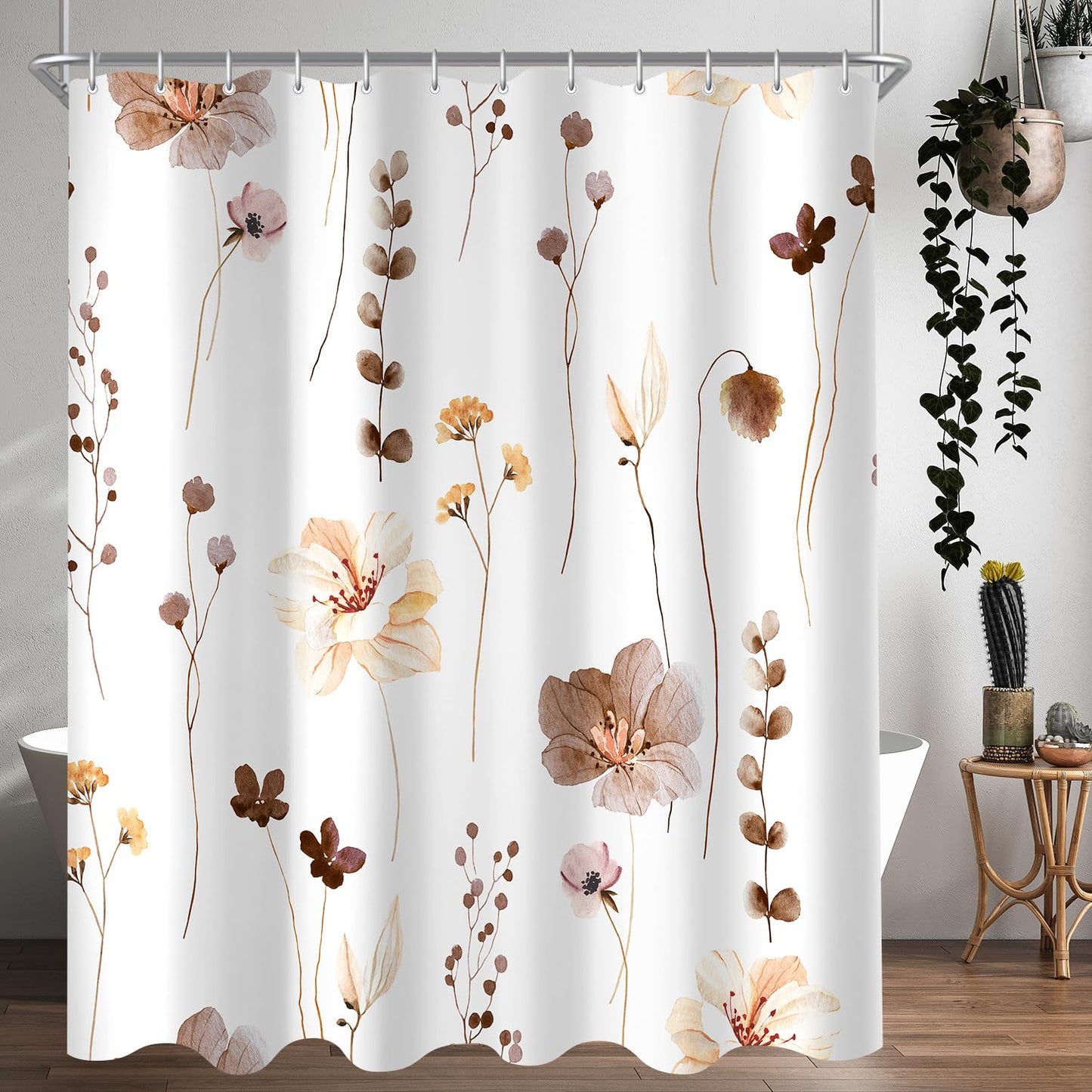 Lerores Shower Curtain, 120 x 200 cm, Brown Flower, Weighted Hem, Anti-Mould, Water-Repellent, Washable Polyester Bath Curtains with 8 Eyelets and
