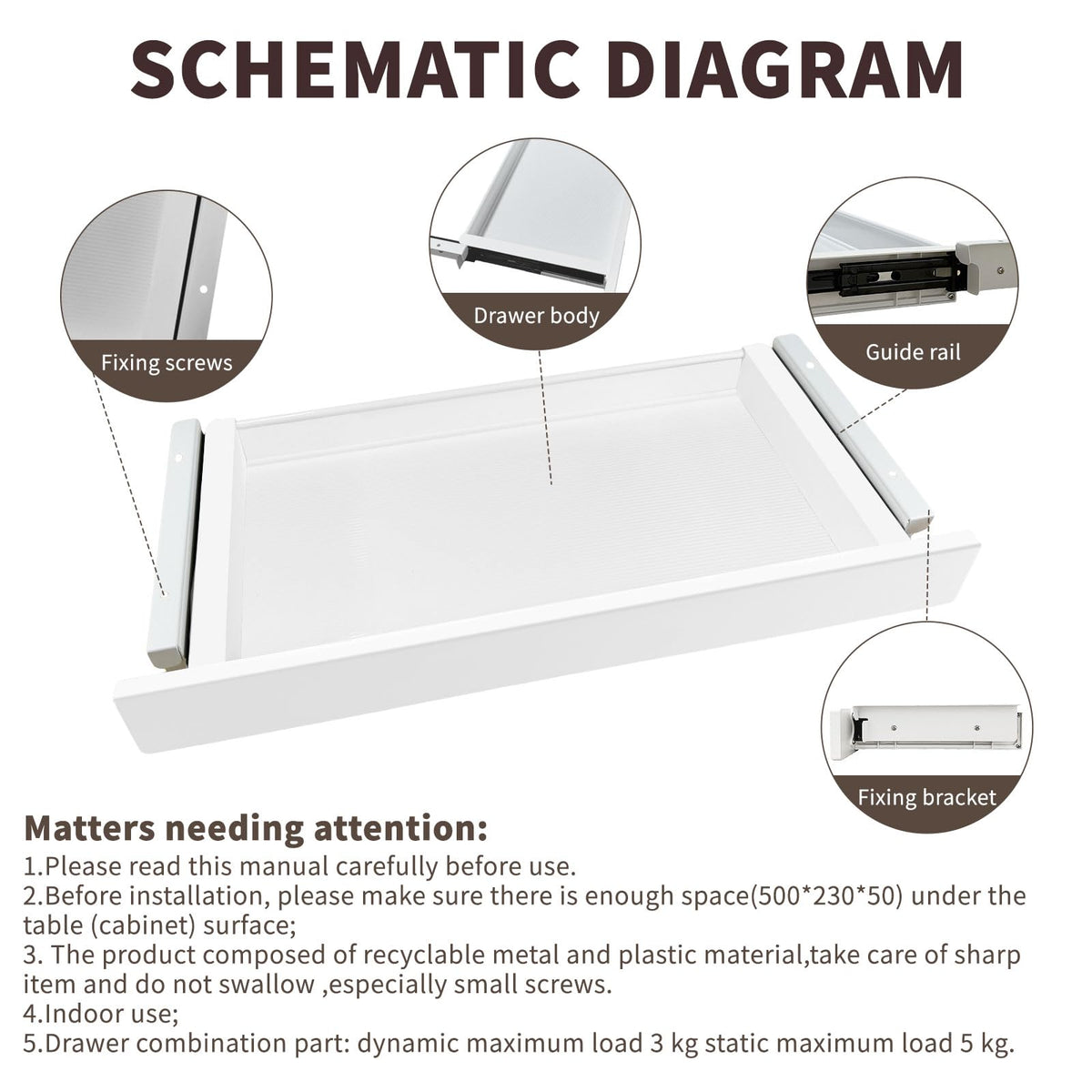 ZEEFAN Under Desk Mounted Sliding Drawer to pull out, Attachable Desk Pencil Drawer Ball-Bearing Slides (White)