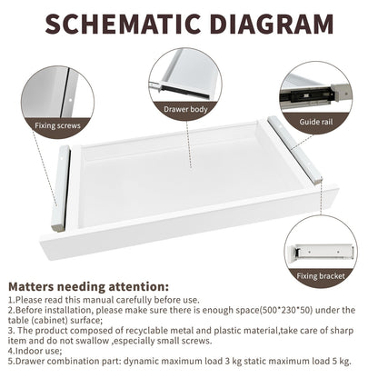 ZEEFAN Under Desk Mounted Sliding Drawer to pull out, Attachable Desk Pencil Drawer Ball-Bearing Slides (White)