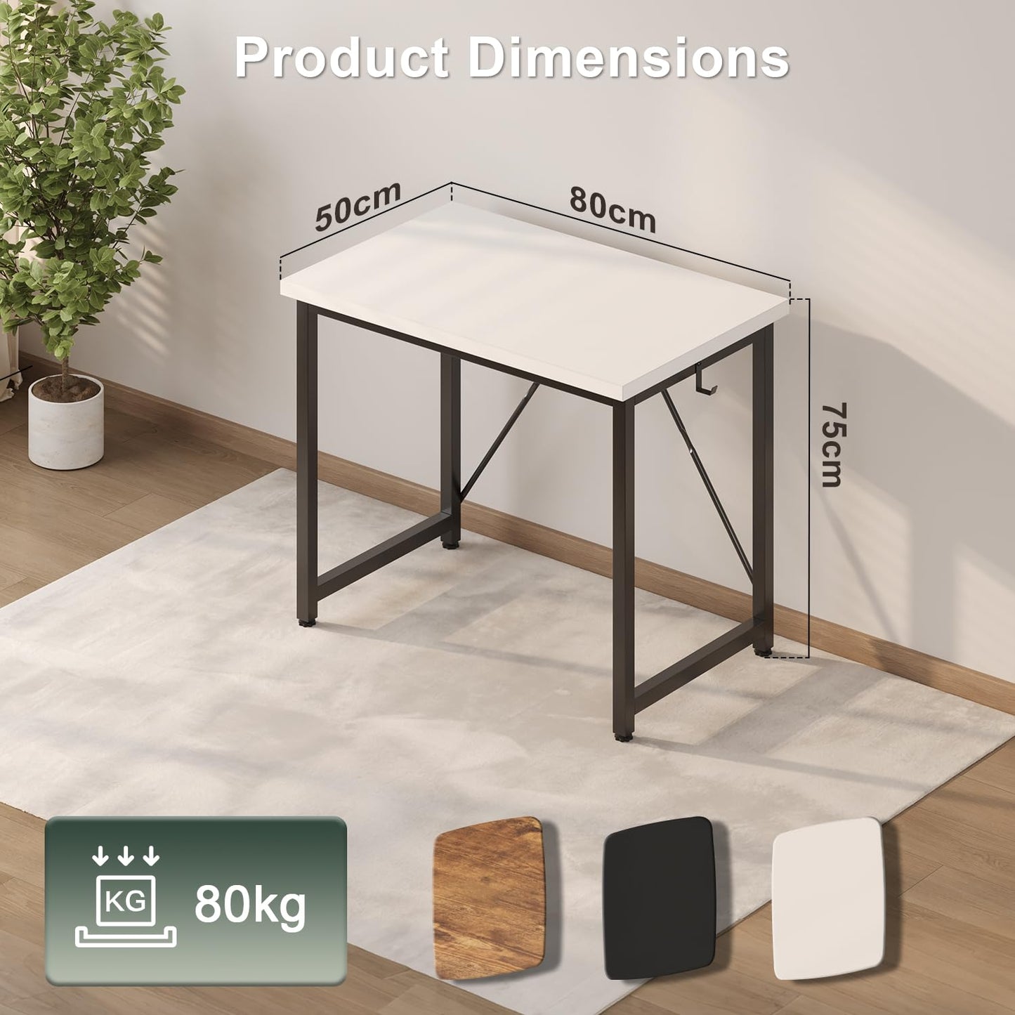 JUMMICO Computer Desk Table Workstation 80 x 50 x 75 cm for Office Living Room Bedroom Simple Assembly Industrial Design Black Desk Metal Frame,White