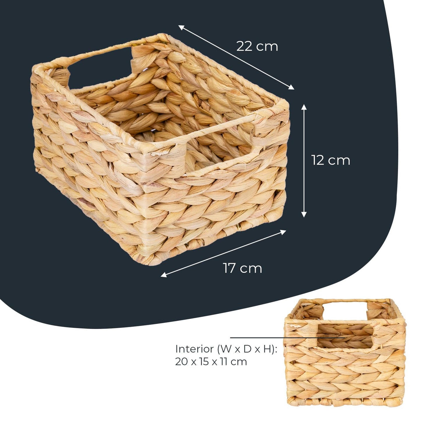 HMF storage basket woven from water hyacinth, decorative basket with carry handles for storage in the bathroom, kitchen and living area | Set of 4