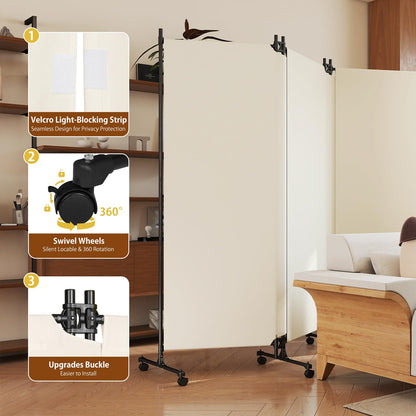HIDODO 4 Panel Upgraded Room Divider with Wheels, 247cm W x 183cm H, Beige