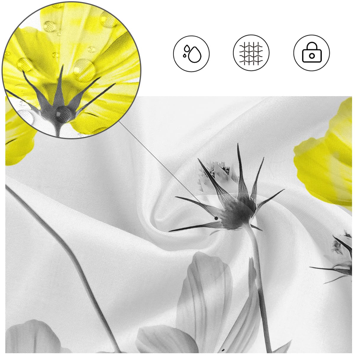 Kikiry Yellow Gray Shower Curtain 60''W x 72''L White Grey Flowers Wildflower Daisy Floral Ink Painting Botanical Simple Elegance Bathroom Curtains