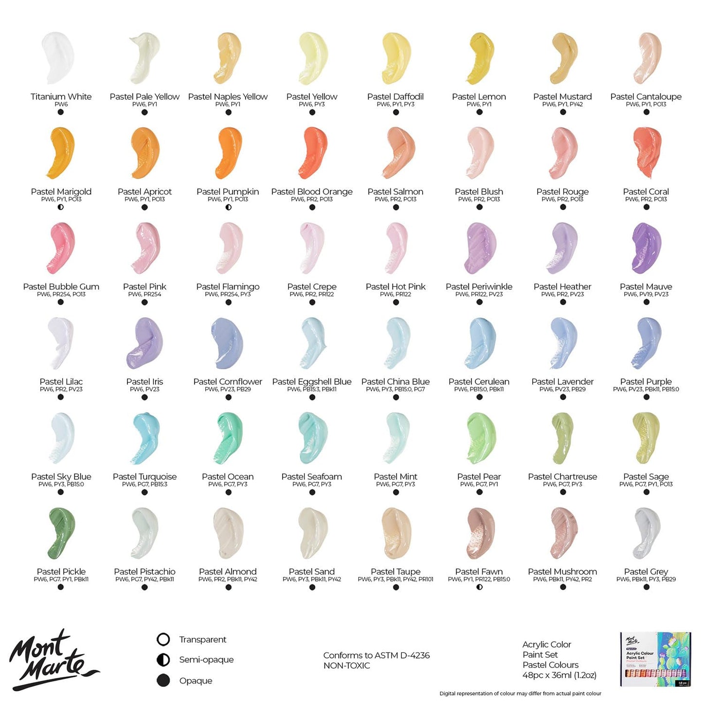 Mont Marte Acrylic Paint Pastel Set  48 x 36ml  Modern Pastel Colours for Canvas, Cardboard, Paper, Leather and more