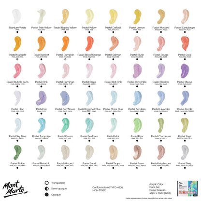 Mont Marte Acrylic Paint Pastel Set  48 x 36ml  Modern Pastel Colours for Canvas, Cardboard, Paper, Leather and more
